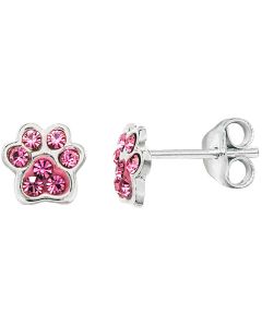 Sterling Silver Paw Print Kids Earrings Pink CZ